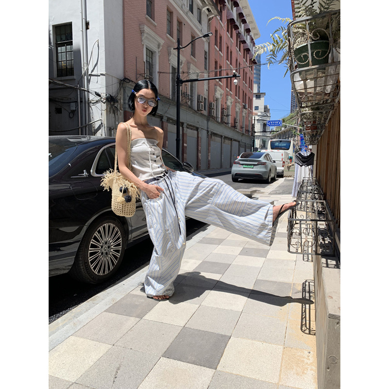 【现货】2025夏日松弛感抽绳蓝色条纹裤直筒长裤子休闲裤女阔腿裤|undefined