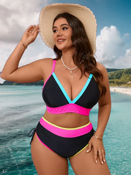 2026 New European and American Large Size Cross-Border Color Splicing Contrasting High Waist Drawstring Split Bikini Women's Suit