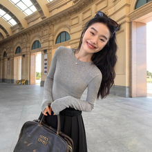 弋黎自制 灰色针织衫长袖T恤女圆领套头修身显瘦百搭打底衫上衣女