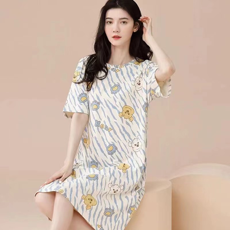 5XL Size Nightgown Women's Summer Short-sleeved Medium-length Cartoon Cute Girl Students dress plus size Pajamas Ins