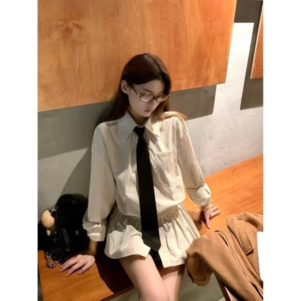 韩系通勤百搭Polo领条纹衬衫女大码胖mm早秋时尚显瘦内搭长袖衬衣|undefined