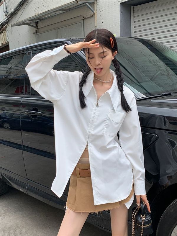 法式拉链白色长袖衬衫女秋季设计感小众宽松显瘦别致新款上衣|undefined
