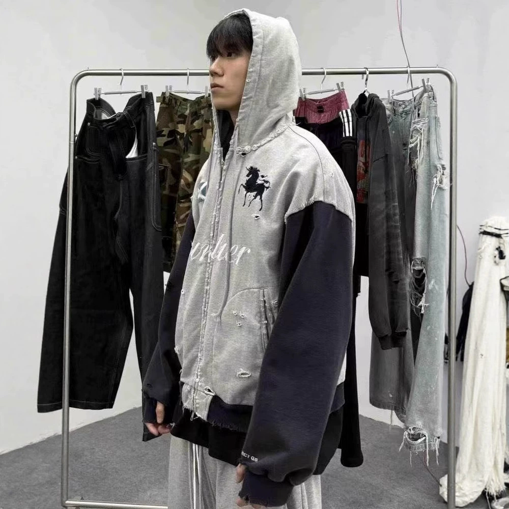 Grailz Project лоскутный потертый кардиган на молнии с вышивкой лошади, толстовка с капюшоном, куртка для мужчин