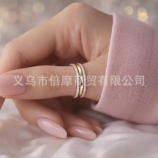 European and American Cross-Border Style Gold-Plated Copper Ring with 3A Zircon, Three-Layer Stackable Ring, Fashionable Light Luxury Versatile Ring, Diamond Ring Wholesale