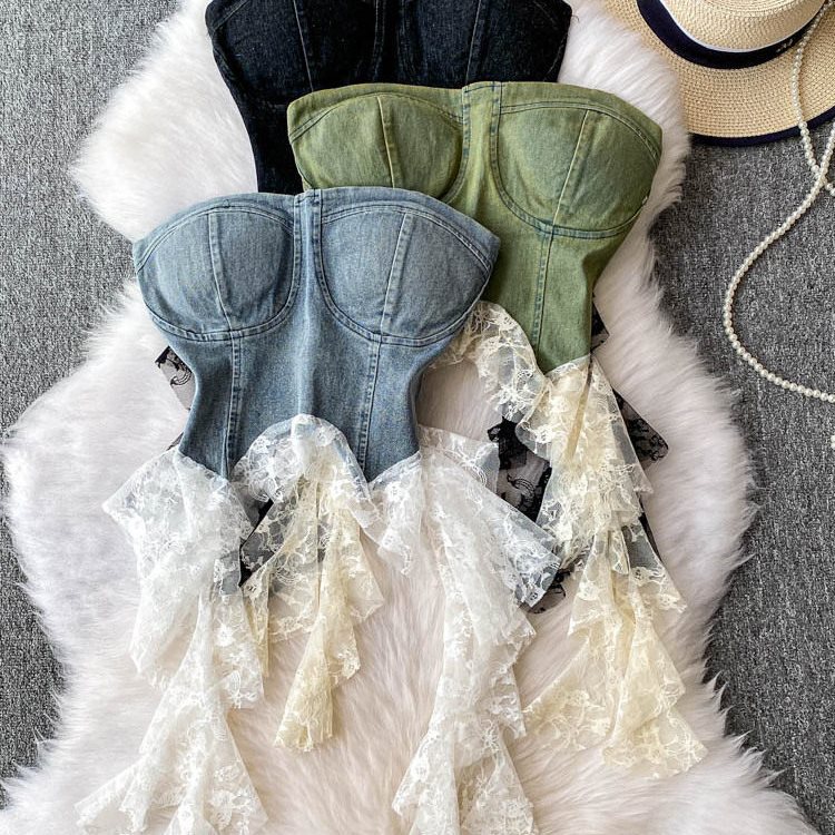 American-Style Spicy Girl One-Shoulder Strap Padded Bustier Denim Tank Top for Women, New Lace Patchwork Slim-Fit Short Top American-Style Spicy Girl One-Shoulder Strap Padded Bustier Denim Tank Top for Women, New Lace Patchwork Slim-Fit Short Top