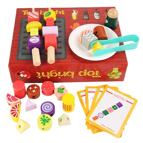 Wooden BBQ grill 2-3-5-6 year old boys and girls play house simulation barbecue children's kitchen wooden toys