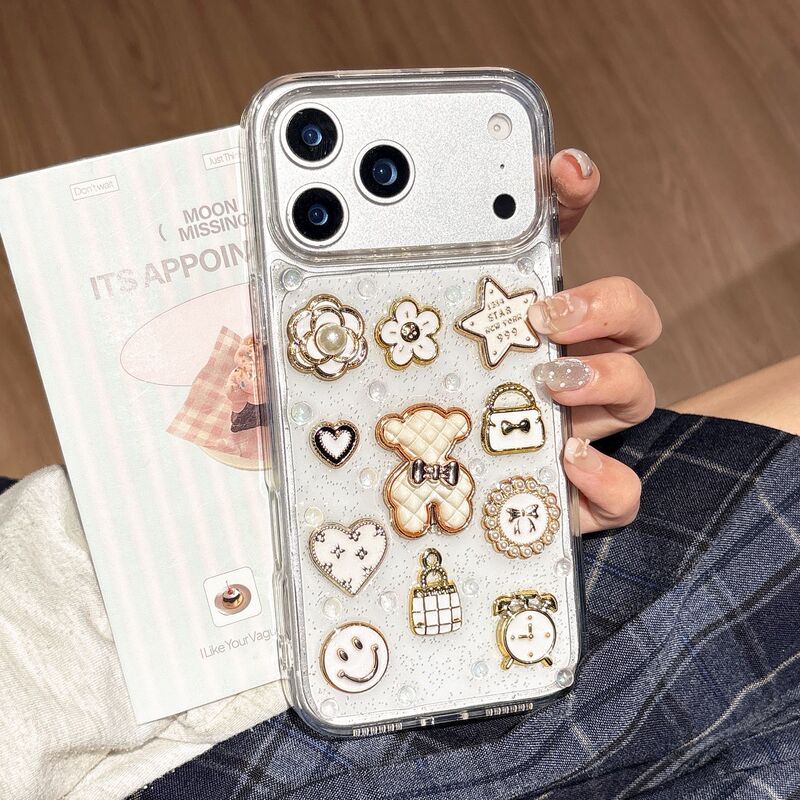 Light Luxury Style DIY Three-Dimensional Cartoon Bear Bag Suitable for iPhone 17Pm Phone Case and Apple 16Pro Protective Cover