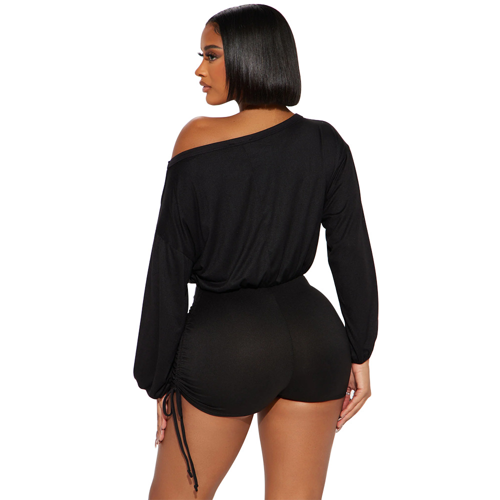 Women Wear Casual off Shoulder off Shoulder Long Sleeve Pleated Drawstring Fitted Waist Jumpsuit