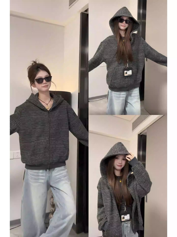 韩系复古深灰条纹设计感连帽卫衣女2025秋季休闲百搭开衫情侣外套|undefined