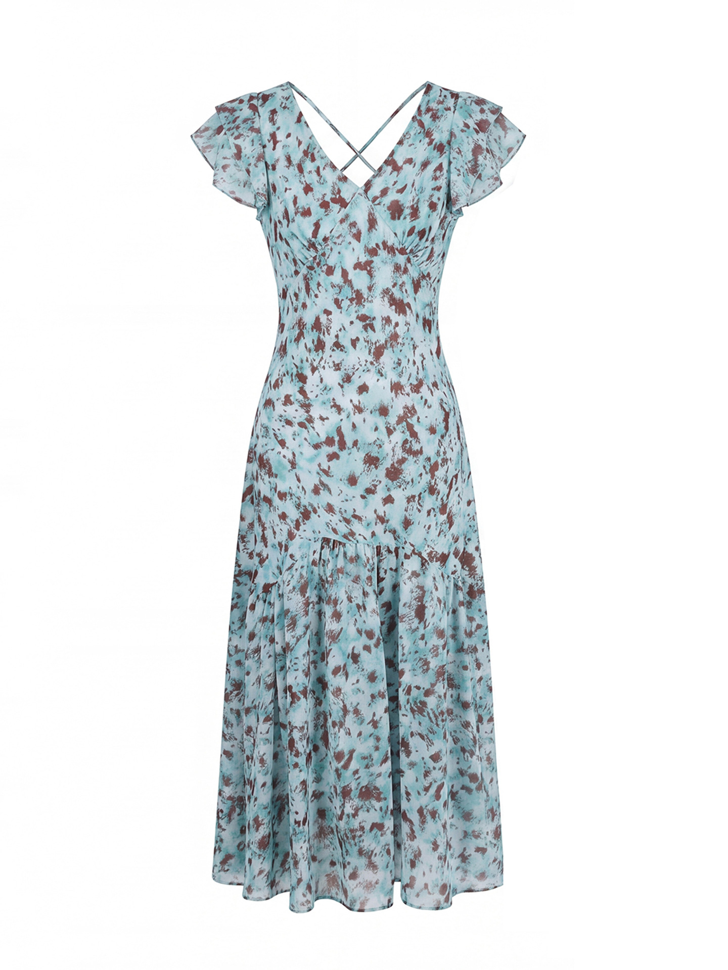 Đầm maxi nữ cổ V tay lá sen chất liệu chiffon in hoa nhí — xanh lam