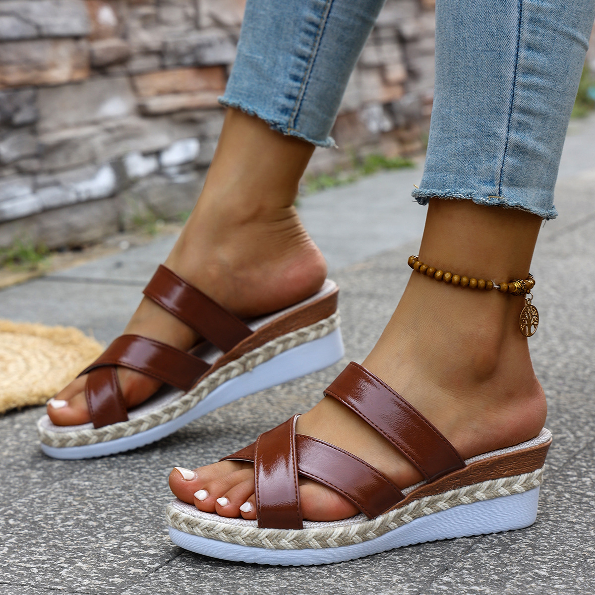 Women's Cross Strap Beach Sandals Summer Style Rope Sole Wedge Heel Size 43_vogvips.com