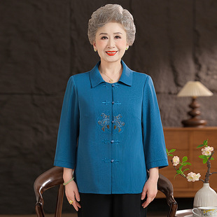 Mom's Summer Three-Quarter Sleeve Imitation Silk Shirt for Middle-Aged and Elderly Women, Summer Style Tops, Grandma's Lapel Shirt