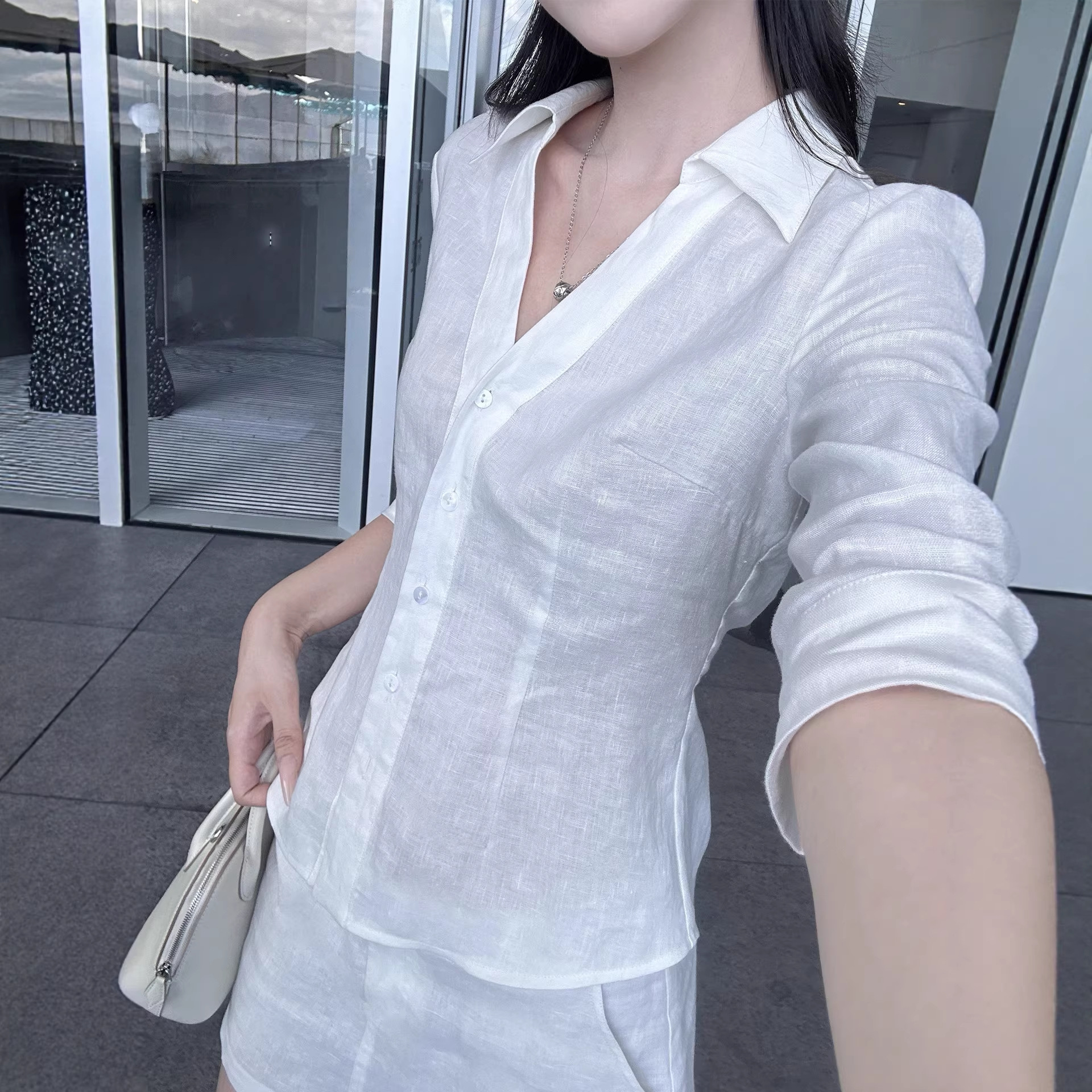 亚麻时尚休闲衬衫通勤套装女夏季巨好看上衣半身裙短裙两件套潮