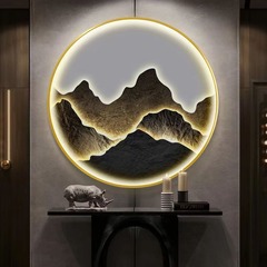 新中式入戶玄關裝飾畫led帶燈圓形山水畫背景牆水墨禪意茶室掛畫