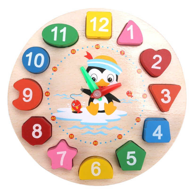 Reloj de Madera con Números de Dibujos Animados, Reloj de Bloques de Construcción de Mano con Forma de Reloj, Juguete Educativo para la Primera Infancia