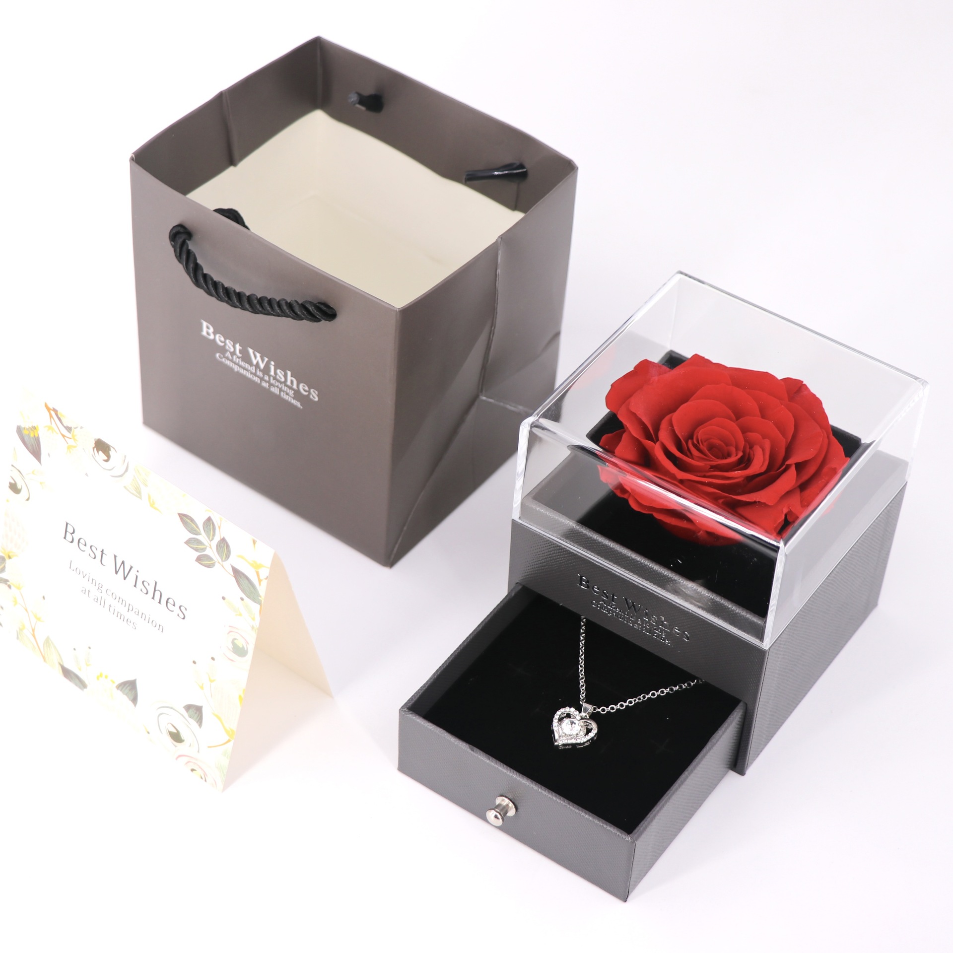 Caja de regalo de flor eterna Estilo explosivo al por mayor Joyero de flores reales Producto terminado Regalo de San Valentín Caja de rosas Caja de embalaje de collar