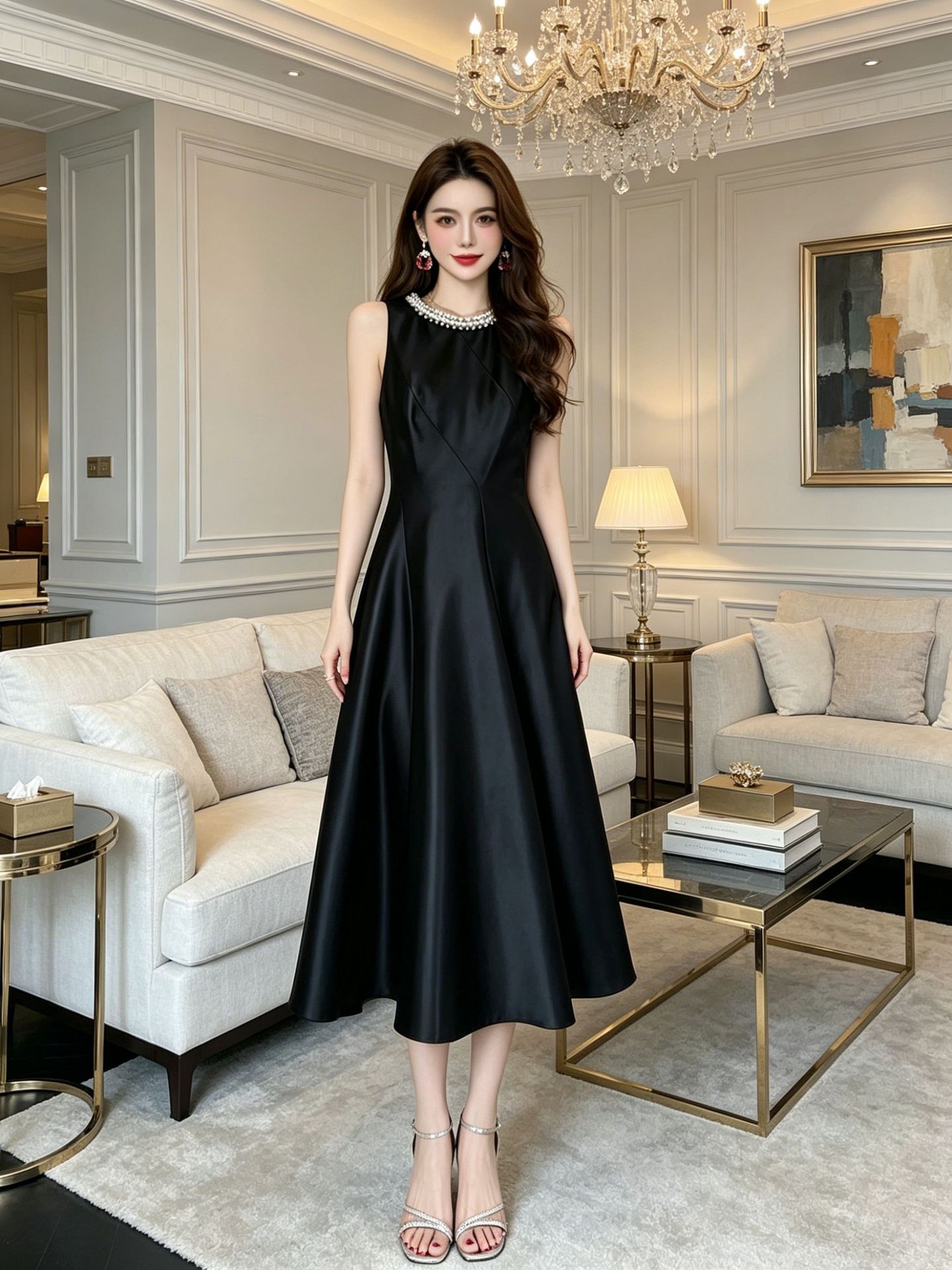 Đầm suông midi cổ tròn tay không phong cách Pháp Hepburn — đen