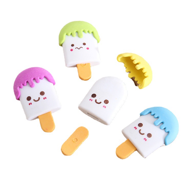 Venta al por mayor de dibujos animados montado sonriente cara posicle borrador creativo lindo niños helado borrador premio