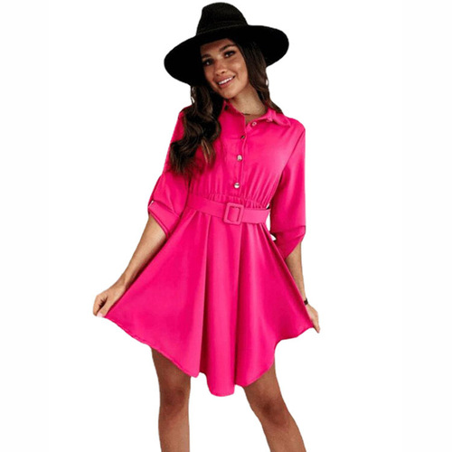 Wish Amazon 2024 Spring New Arrival European and American Style Color-Blocked Puff-Sleeved Waist-Slimming Shirt Long-Sleeved Solid-Color Dress