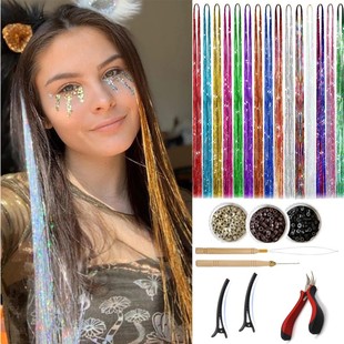 European and American hair and hair laser gold silver bright silk colorful PET silk color wig pliers crochet suit wholesale