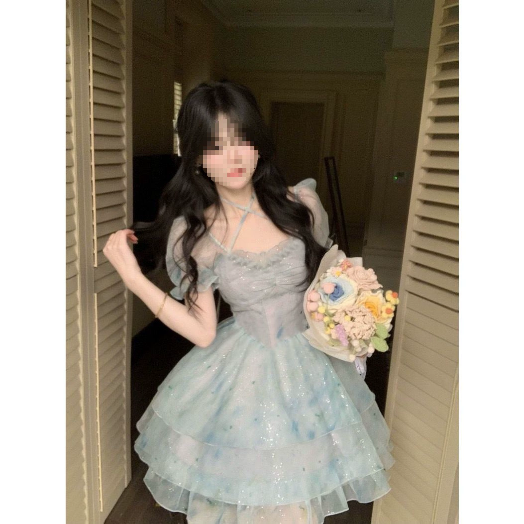 Broken Dream Hoshino, уменьшающее возраст девчачье сетчатое платье с воротником-стойкой, атмосферное платье, голубое, другое, литературное, ретро, ​​новое