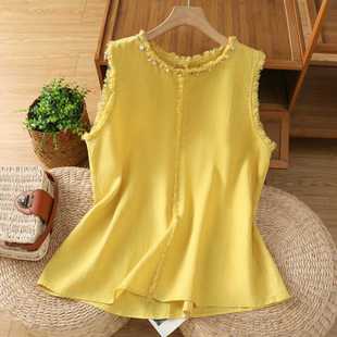 Yellow Tassel Beaded Raw Edge Cotton and Linen Sleeveless Shirt for Women 2025 Summer New Style Accessible Luxury Age-Reducing Western Style Shirt