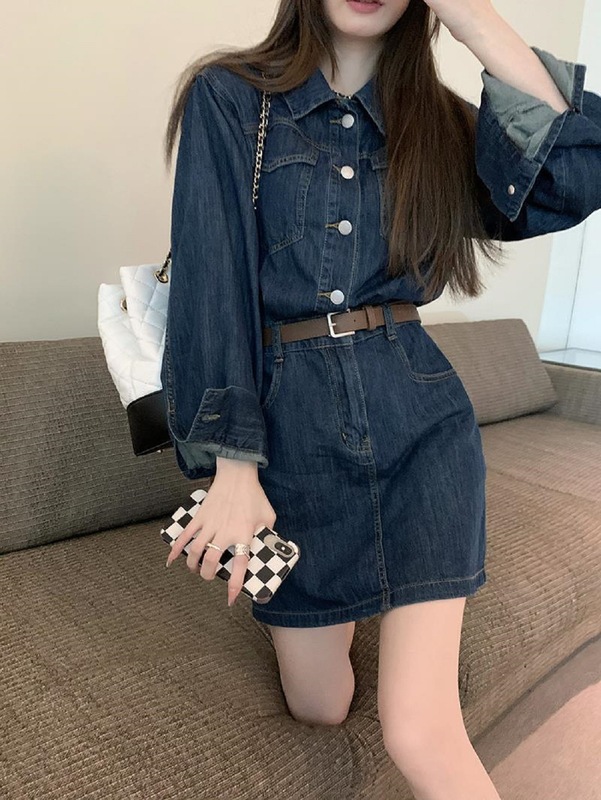 设计感复古翻领牛仔裙女秋季大码胖mm高腰显瘦长袖衬衫连衣裙潮|undefined