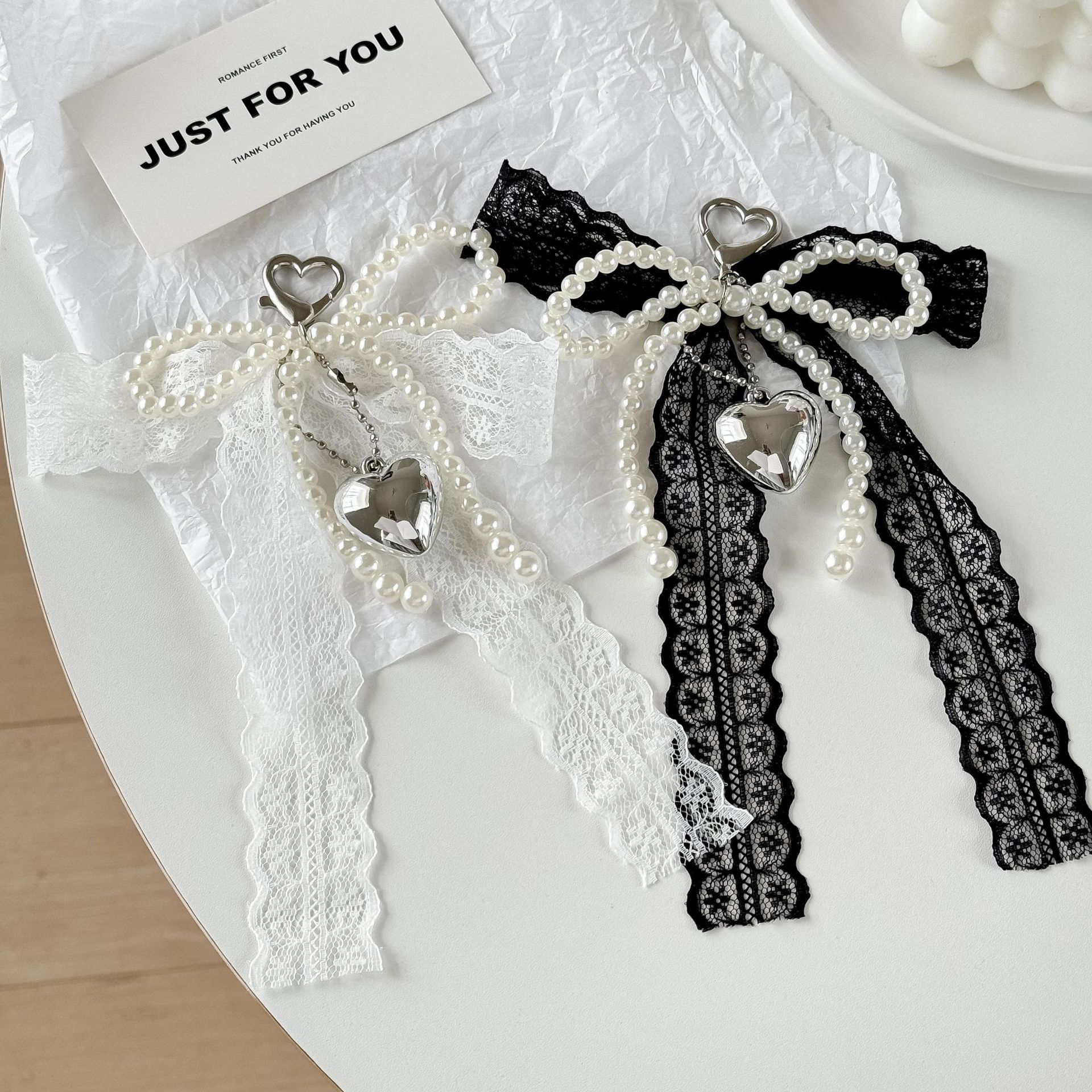 Exquisite Girly Heart Lace Pearl Bow Bag Mobile Phone Pendant Cute Sweet Style Key Chain Pendant Jewelry