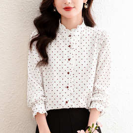 绿9820印花平纹双层棉长袖春款木耳边立领衬衫女洋气百搭长袖上衣