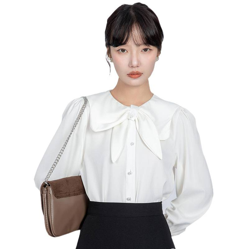 实拍娃娃领蝴蝶结缎面白色衬衫女年秋季新款通勤职业内搭上衣|undefined