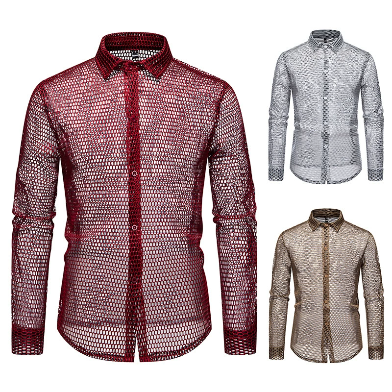 Amazon трансграничные европейские и американские мужские полые ночные клубы рубашки с длинными рукавами мужские летние тонкие дышащие сетчатые рубашки мужские