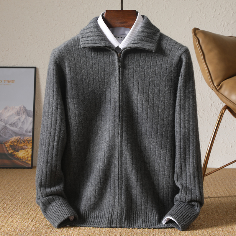 Autumn and Winter New 100 Pure Wool Sweater Men's Lapel Full Zip Cardigan Knitted Thickened Cashmere Sweater Outer Wearing Set