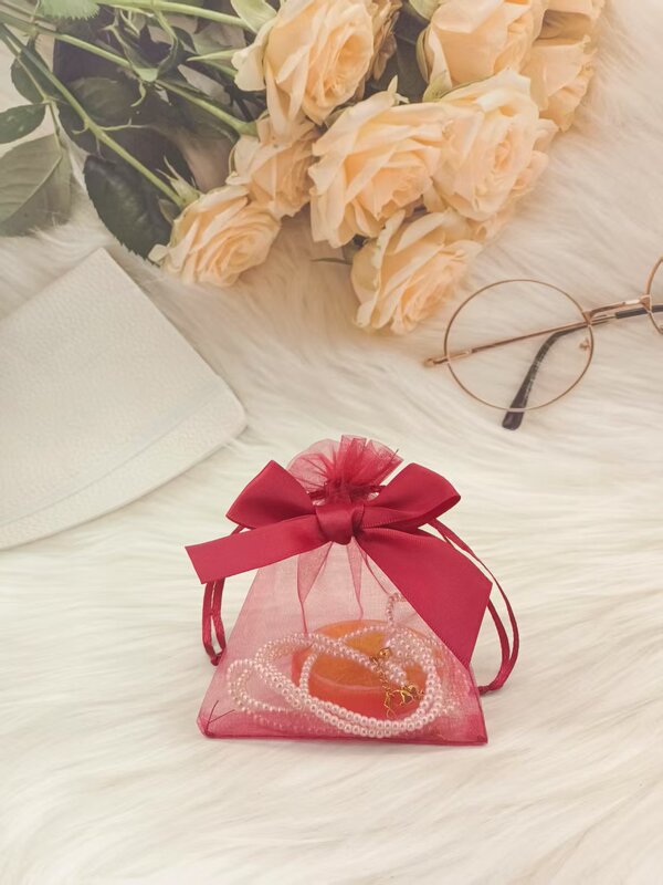 卸売ピンクのリボンメッシュバッグ口紅化粧品トライアルギフトバッグ結婚式のキャンディーお土産収納ギフトバッグ|undefined