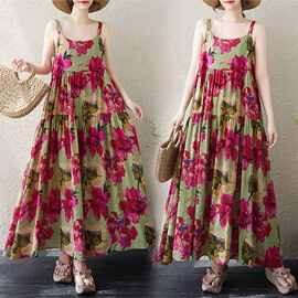 现货新款文艺大码印花吊带裙子宽松显瘦棉麻连衣长裙女