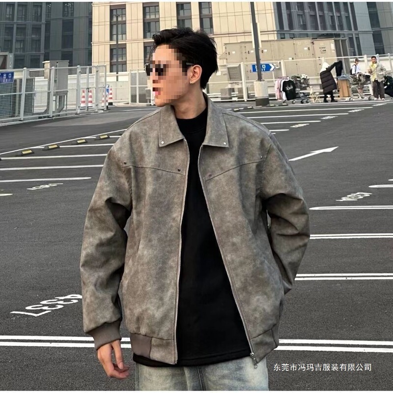 Pu Leather American Retro Studded Jacket for Men, Spring and Autumn Style, Suede Lapel Baseball Jacket, Melard Couple's Leather Coat