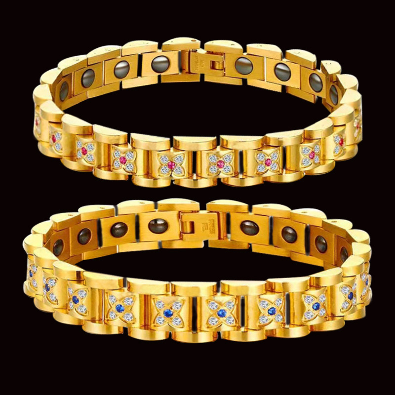 Aliexpress Wholesale Stainless Steel Bracelet with Red Colored Diamonds, Gold Men's Style, Ochre Chain, Magnetic Health Care