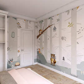 卡通手绘森林墙布儿童房背景纸动物乐园壁布男孩卧室壁画全屋壁纸