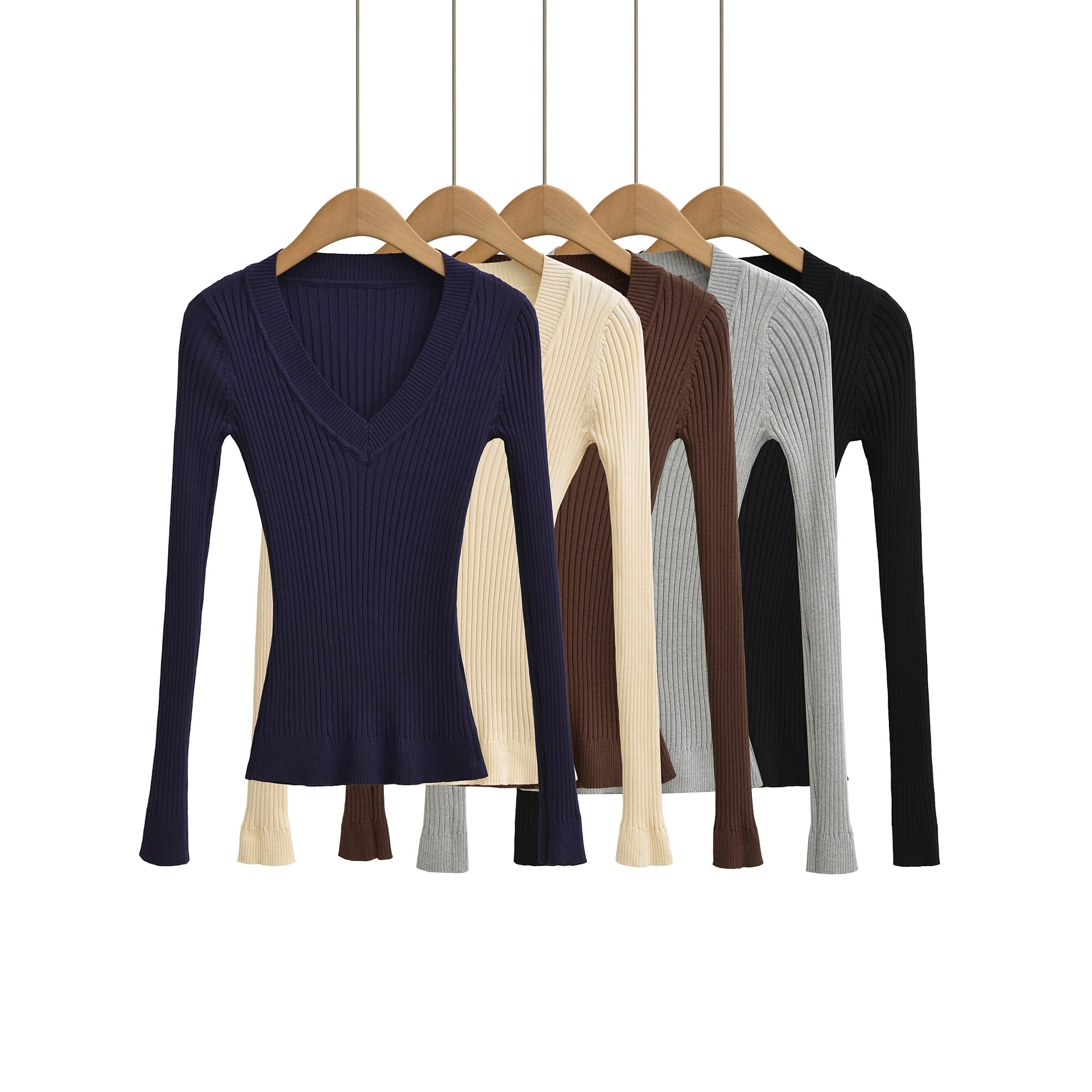 多色欧美V领低胸针织上衣毛衫女纹理弹力显瘦修身长袖打底针织衫