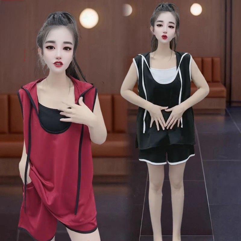 Internet Celebrity Fashion Sports Suit Women's Summer Cross-Border New Casual Loose Hooded Sleeveless Vest Shorts Three-Piece Set Internet Celebrity Fashion Sports Suit Women's Summer Cross-Border New Casual Loose Hooded Sleeveless Vest Shorts Three-Piece Set