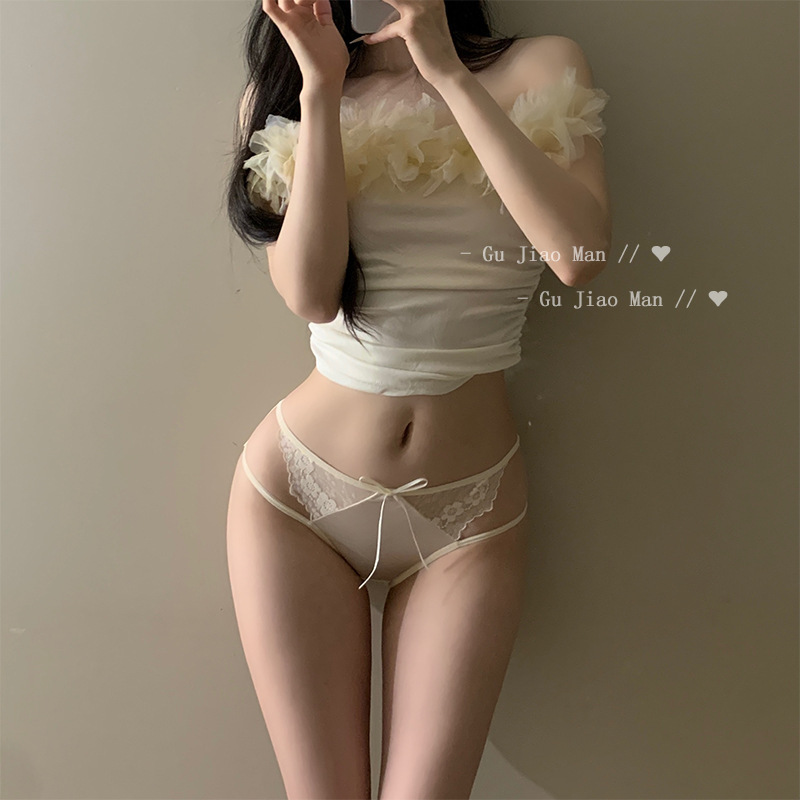 Lace Girl's Underwear French Pure High Split Black Satin Mulberry Silk Crotch Mid-Waist Hip Mesh Briefs