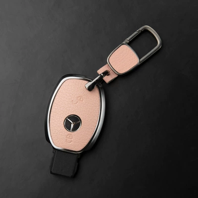 Car key bag: Leather, High-End Shell - mercedes-benz-c-class-2-button-key-fob-case-square-buckle-sakura-pink