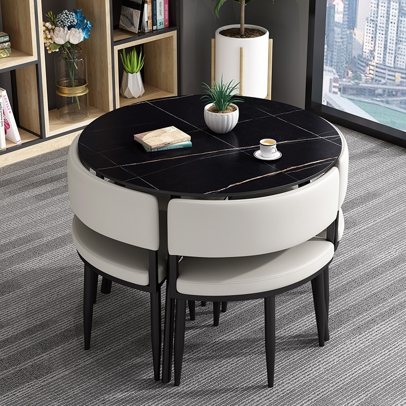 이탈리안 슬레이트 80cm 원형 테이블 - 화이트 테이블과 의자 4개