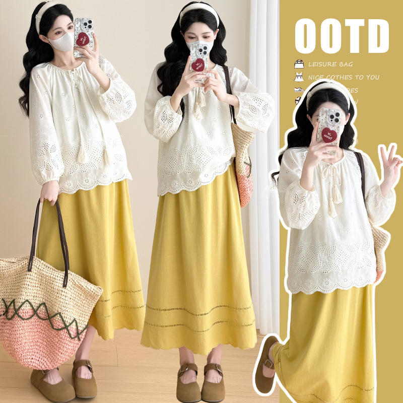 Maternity Wear 2026 Spring and Autumn French-Style Crochet Lace-Up Shirt + Petal-Edged Skirt Two-Piece Maternity Set