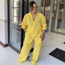 欧美休闲大码纯色翻领长袖开衫衬衫女非洲新款女装时尚长裤两件套