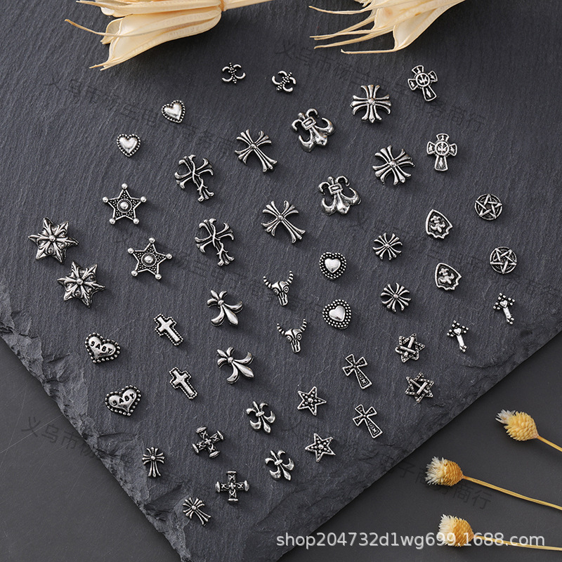 New Nail Art Jewelry Croix Heart Cross Baroque Hexagonal Star Retro Dark Style Nail Metal Diamond Accessories