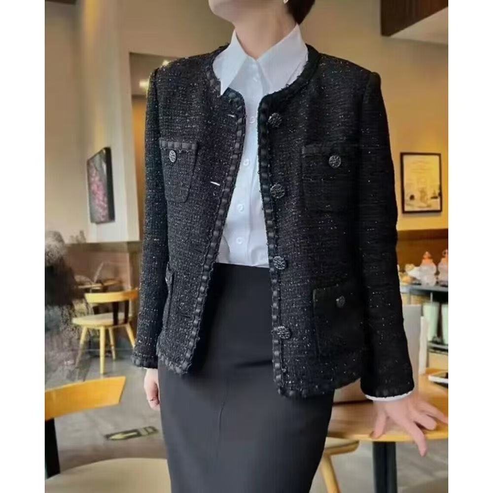 Black Chanel-Style Jacket for Women, Autumn and Winter High-Quality Woven Elegant Heavy Tweed Round Neck Loose Short Top