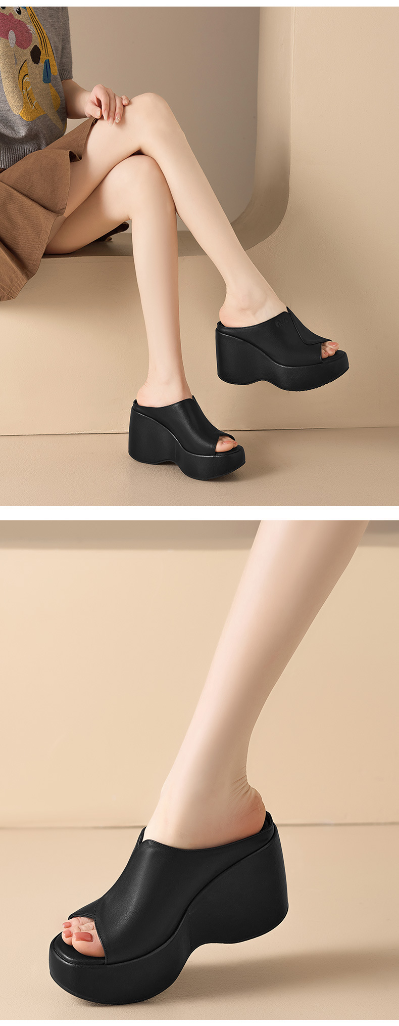 Dép sandal nữ quai chữ V đế xuồng cao 10 cm, chất liệu da thật, nhẹ nhàng — màu đen, Trắng kem- chi tiết 6