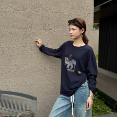 黎诺早秋新款韩系卡通印花纽扣长袖T恤女2025设计感休闲减龄上衣