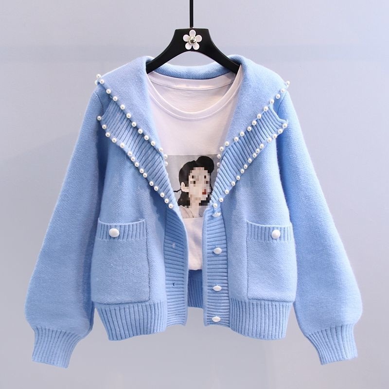 复古日系珍珠毛衣外套女减龄洋气海军领重工钉珠针织开衫秋季