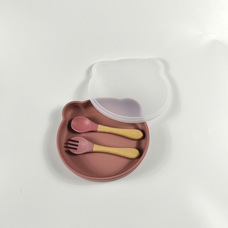 Oso de dibujos animados plato con cubierta de polvo plato de cena infantil bebé vajilla lechón comida complementaria infantil plato de cena de silicona